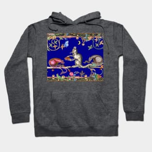 WEIRD MEDIEVAL BESTIARY THREE HUNTER CATS AND MOUSE IN BLUE NIGHT Hoodie